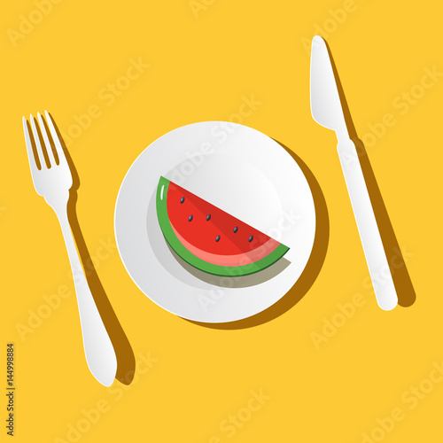 Melon Slice on Plate with Fork and Knife. Top View Vector Illustration.
