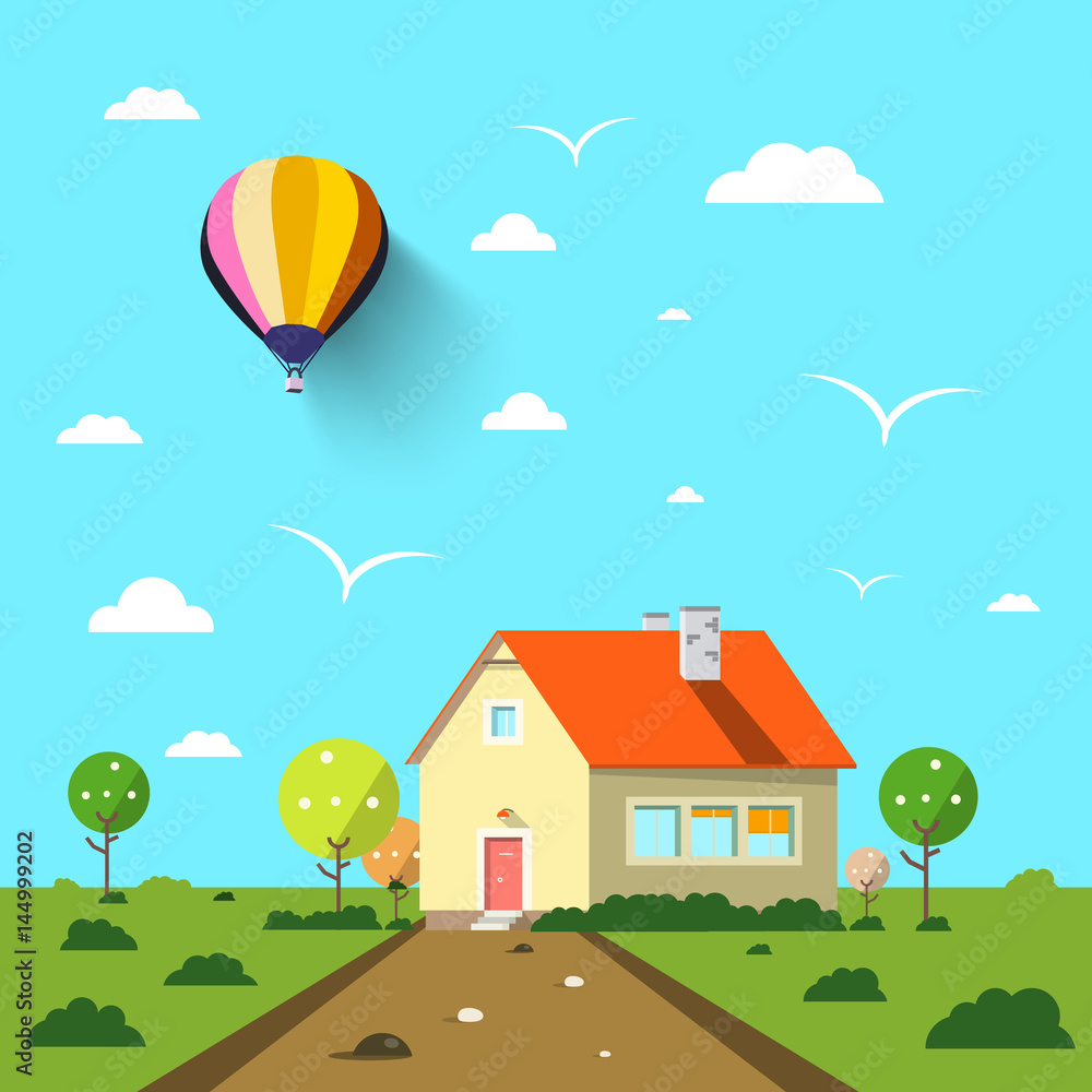 Family House with Road and Hot Air Balloon on Blue Sky. Flat Design Vector Landscape.