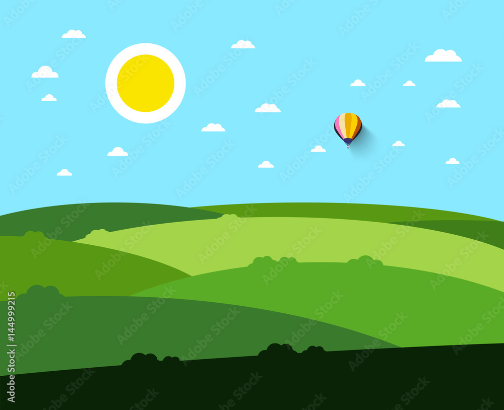 Empty Field. Vector Landscape with Sun and Hot Air Balloon. Nature Scene.