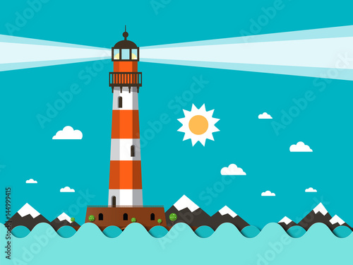 Lighthouse on Sea Flat Design Vector