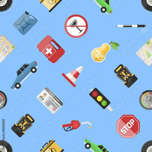 Auto transport motorist icon symbol vehicle equipment service car driver tools vector illustration seamless pattern