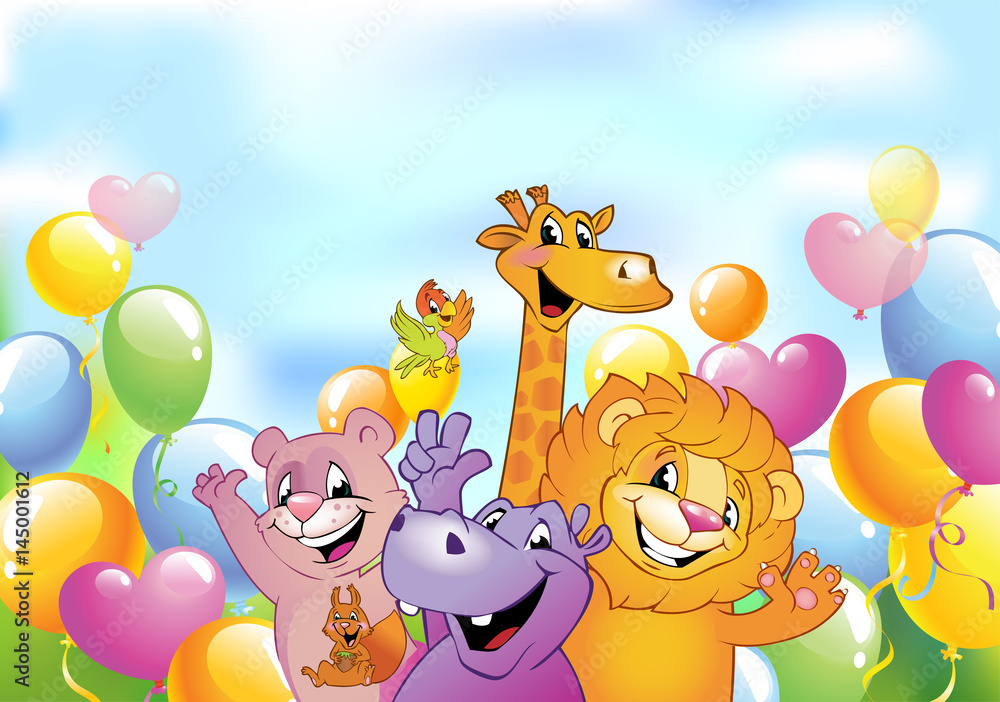 Naklejka premium Cartoon animals, cheerful background