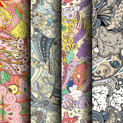 Set of tracery colorful seamless patterns. Curved doodling backgrounds for textile or printing with mehndi and ethnic motives. Vector