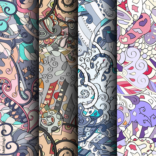 Set of tracery colorful seamless patterns. Curved doodling backgrounds for textile or printing with mehndi and ethnic motives. Vector