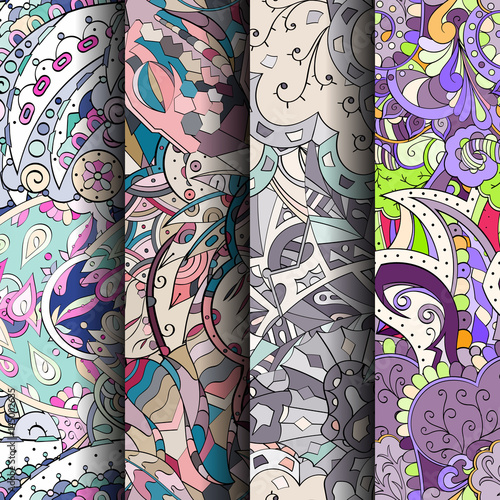 Set of tracery colorful seamless patterns. Curved doodling backgrounds for textile or printing with mehndi and ethnic motives. Vector