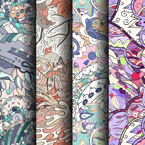 Set of tracery colorful seamless patterns. Curved doodling backgrounds for textile or printing with mehndi and ethnic motives. Vector