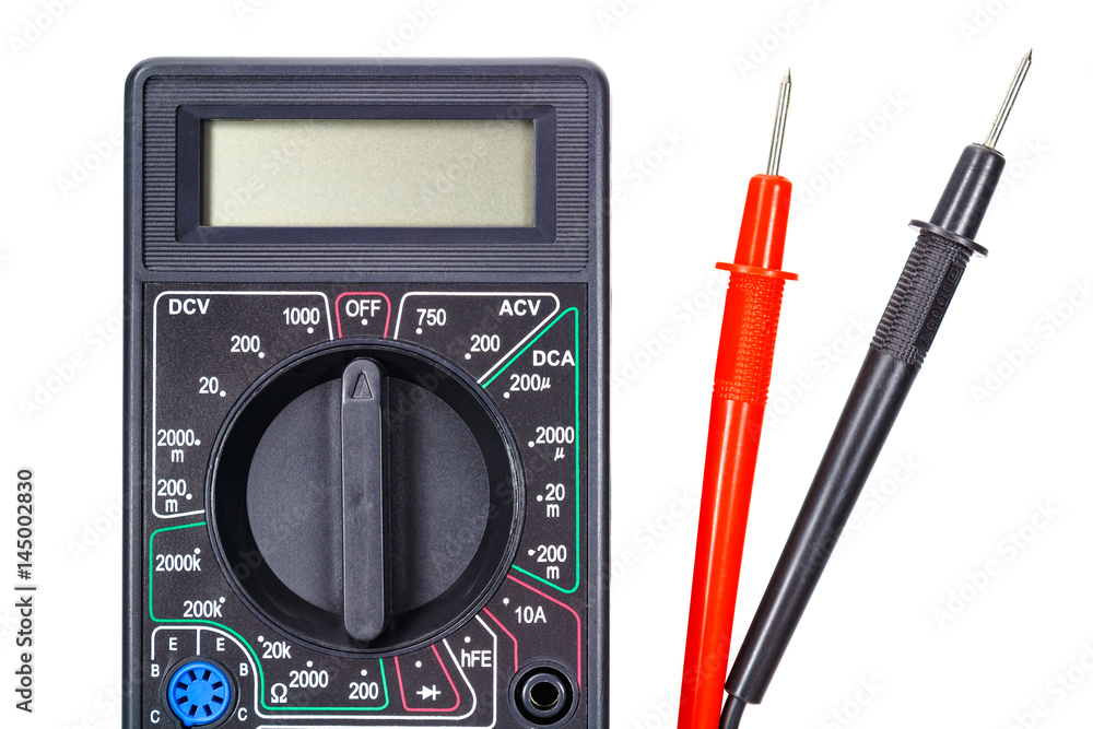 Digital multimeter with probes closeup isolated on white background Digital multimeter with probes closeup isolated on white background