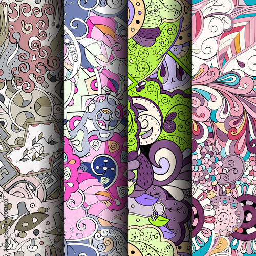 Set of tracery colorful seamless patterns. Curved doodling backgrounds for textile or printing with mehndi and ethnic motives. Vector