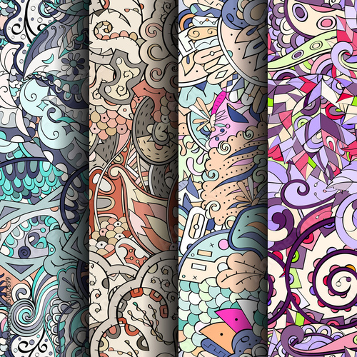 Set of tracery colorful seamless patterns. Curved doodling backgrounds for textile or printing with mehndi and ethnic motives. Vector