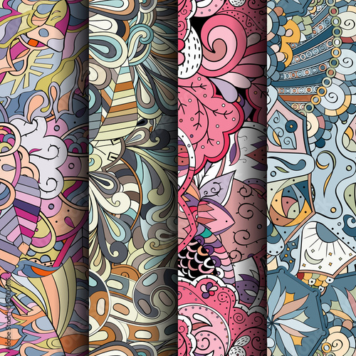 Set of tracery colorful seamless patterns. Curved doodling backgrounds for textile or printing with mehndi and ethnic motives. Vector