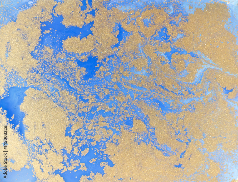 Blue and golden liquid texture. Watercolor hand drawn marbling illustration. Ink marble background.