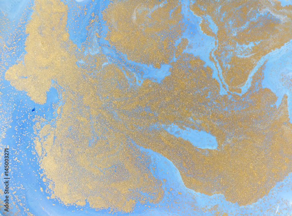 Blue and golden liquid texture. Watercolor hand drawn marbling illustration. Ink marble background.