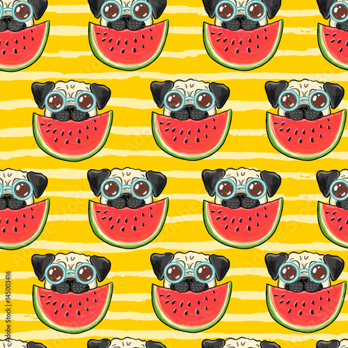 Seamless summer vector background pattern with funny pug dog in sunglasses eating watermelon