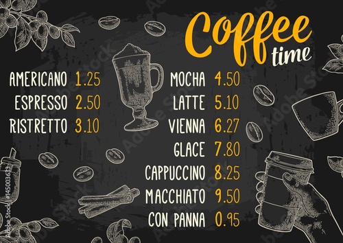 Restaurant or cafe menu coffee drinck with price.