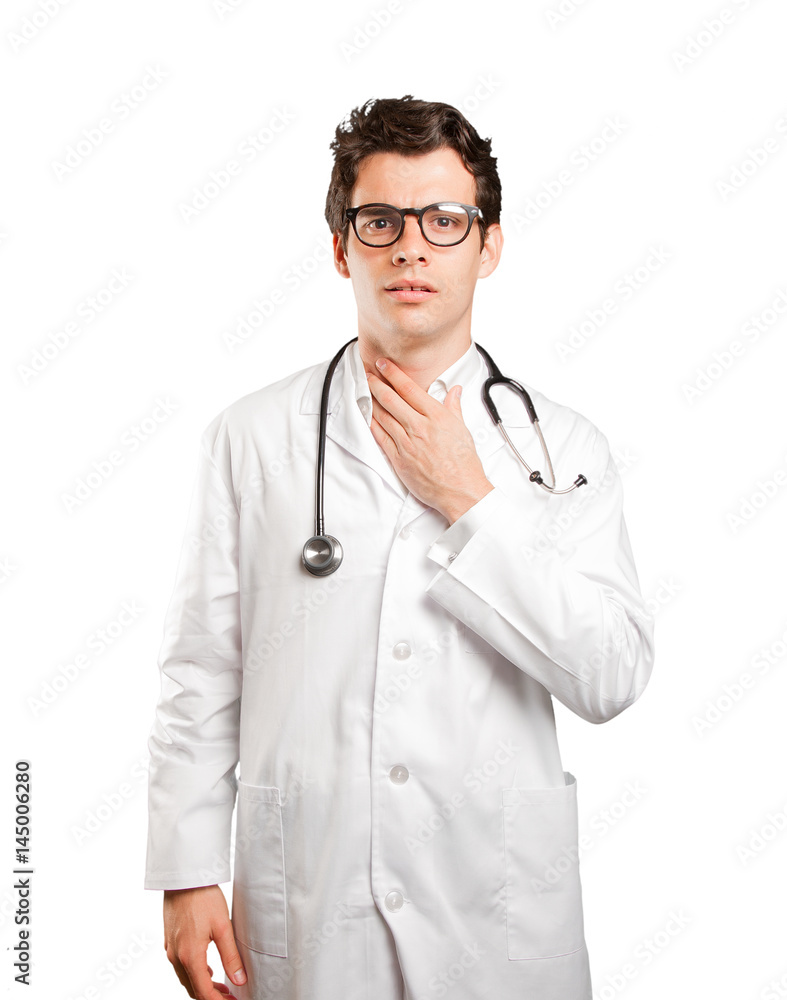 Fototapeta premium Stressed doctor against white background