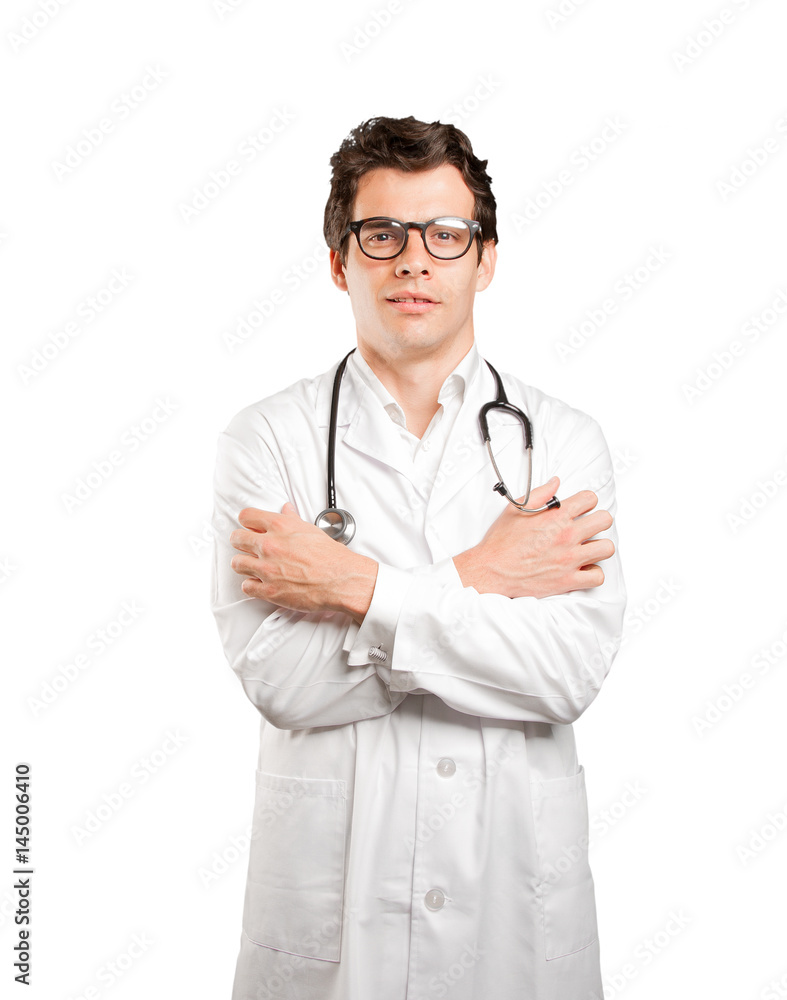 Worried doctor with cold gesture against white background Worried doctor with cold gesture against white background