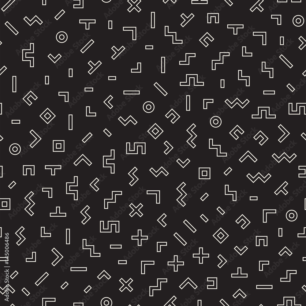Scattered Geometric Shapes. Inspired by Memphis Style. Abstract Background Design. Vector Seamless Black and White Irregular Pattern. Scattered Geometric Shapes. Inspired by Memphis Style. Abstract Background Design. Vector Seamless Black and White Irregular Pattern.