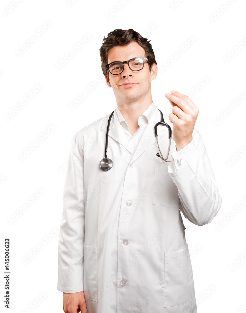 Confident doctor with money gesture against white background