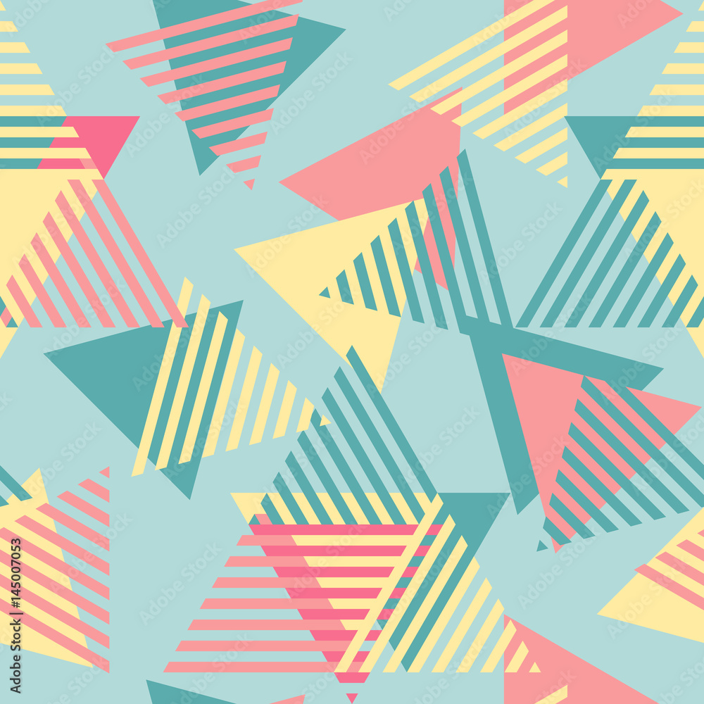 Modern stylish abstract geometric background with colorful triangles in trendy Memphis style. Repeating texture of yellow, blue and red elements on the blue background. Vector seamless pattern. Modern stylish abstract geometric background with colorful triangles in trendy Memphis style. Repeating texture of yellow, blue and red elements on the blue background. Vector seamless pattern.