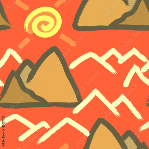 Abstract stylish colorful nature background with repeating structure of hand drawn stylized mountains and sun. Travel texture perfect for prints, wallpaper and wrapping paper. Vector seamless pattern.