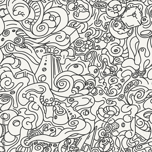 Artistic stylish hand drawn psychedelic painting with abstract elements in trendy outlined style. Monochrome texture ready for coloring and perfect for prints and wallpapers. Vector seamless pattern.