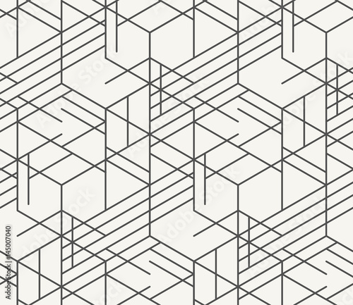 Modern monochrome irregular geometric hexagonal background in trendy outlined style. Unique hipster texture perfect for interior design, wallpaper and prints. Vector seamless pattern.