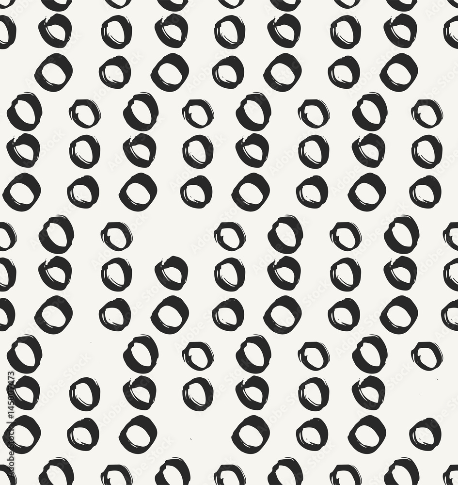 Monochrome irregular artistic background with rows of hand drawn circles. Repeating texture perfect for wallpapers, textile and decoration. Vector seamless pattern.