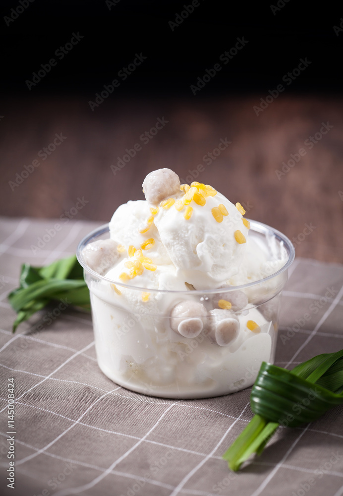 Coconut ice cream in bowl, Dessert and sweets, selective focus