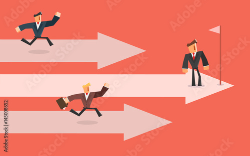 Business competition. Three business persons racing on the arrows. Leader concept.