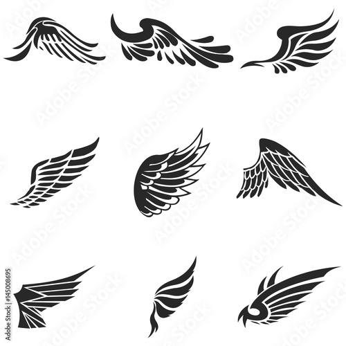 Wings vector icons set. Wing set, icon wing, feather wing bird illustration stock vector.