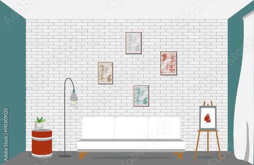 Loft room interior with barrel, chairs, table, lamp, easel, window. The dining room and living room