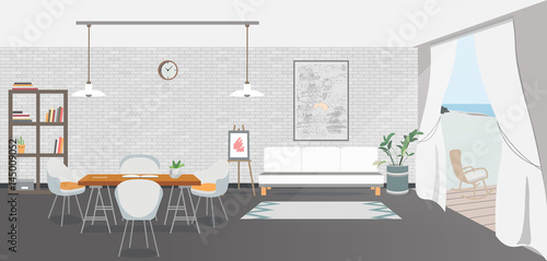 Loft room interior with barrel, chairs, table, lamp, easel, window. The dining room and living room