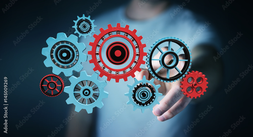 Businessman touching floating gear icons in his hand 3D rendering Businessman touching floating gear icons in his hand 3D rendering