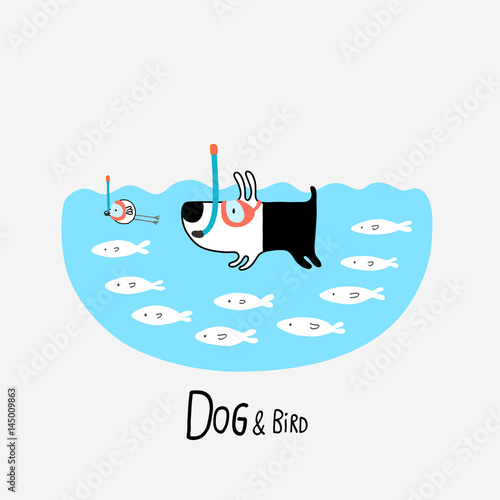 Dog & Bird snorkeling, vector illustration