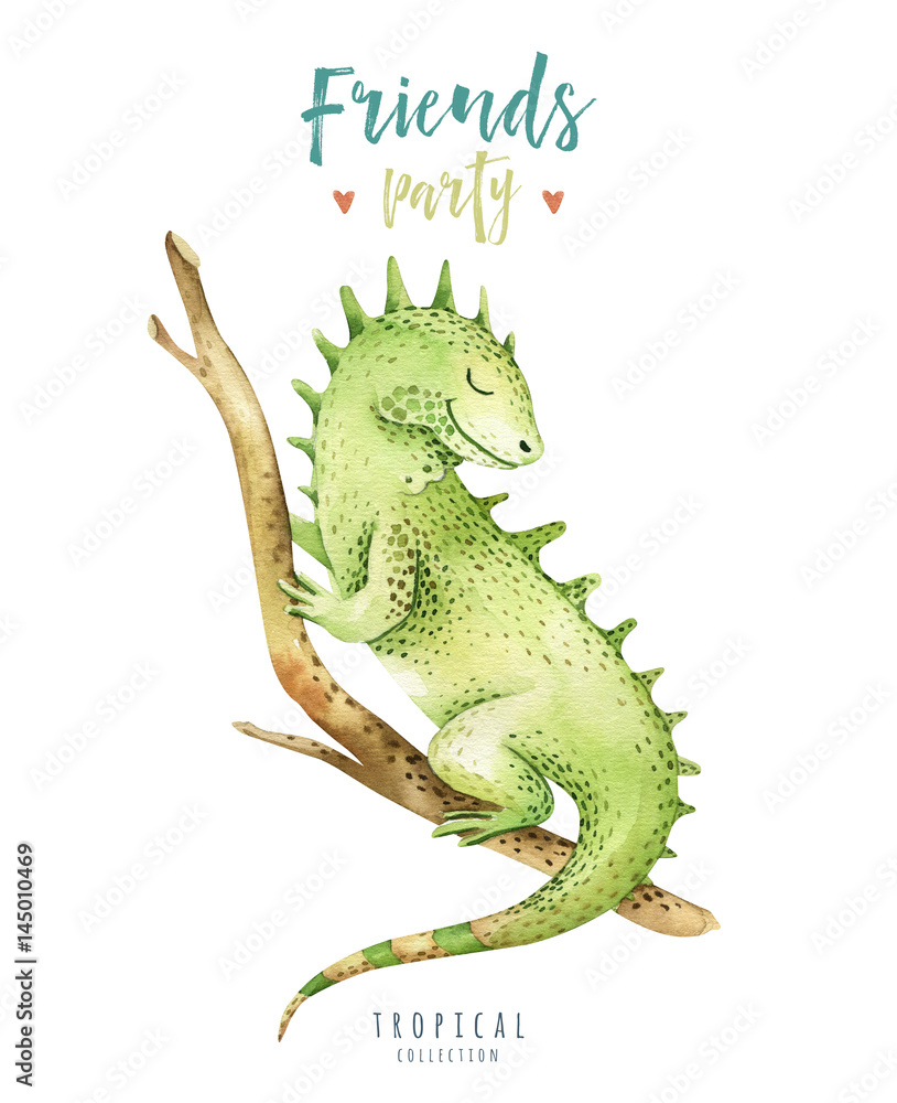 Obraz premium Baby animals nursery isolated illustration for children. Watercolor boho tropical drawing, child cute tropic iguana. Baby shower