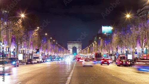 paris night illuminated traffic champs elysees arch de triumph panorama 4k time lapse france
 photo