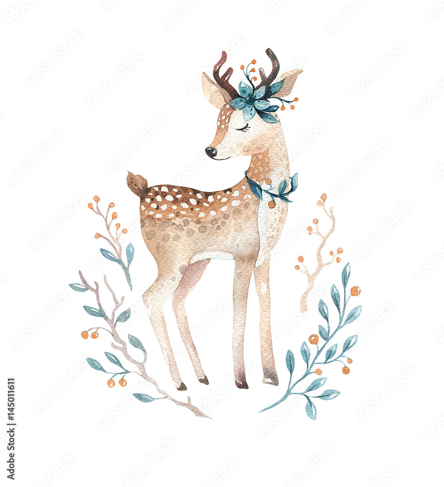 Cute baby deer animal for kindergarten, nursery isolated  illustration for children clothing, pattern. WatercolorHand drawn boho image Perfect for phone cases design, nursery posters.