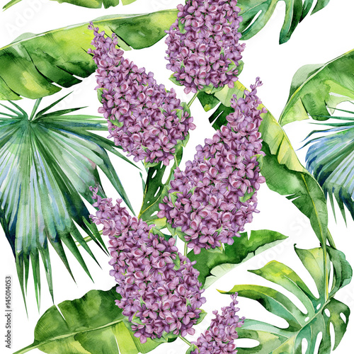 Seamless watercolor illustration of tropical leaves and lilac flower, dense j...