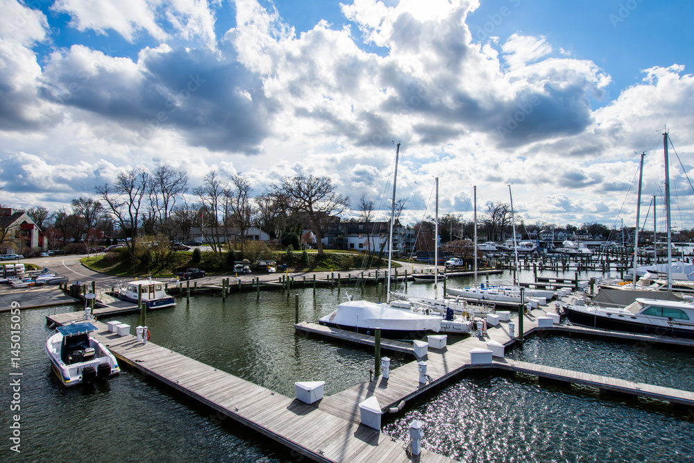 Harbor Area of Annapolis, Maryland on a cloudy spring day with sail boats