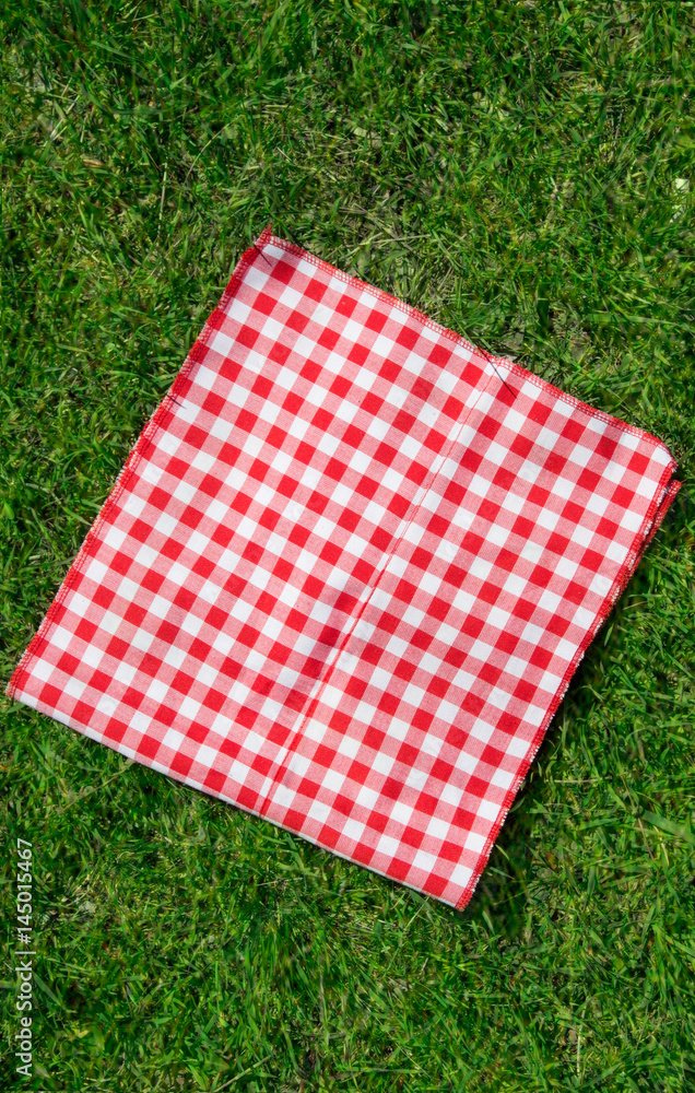 The checkered tablecloth on the grass The checkered tablecloth on the grass