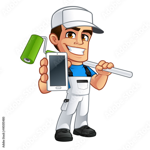 Vector illustration of a professional painter, he has a mobile phone in his hand