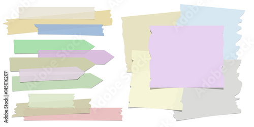 Collection of different shape and size ripped colored sticky notes and adhesive tape