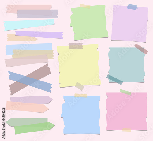 Collection of different shape and size ripped colored sticky notes and adhesive tape