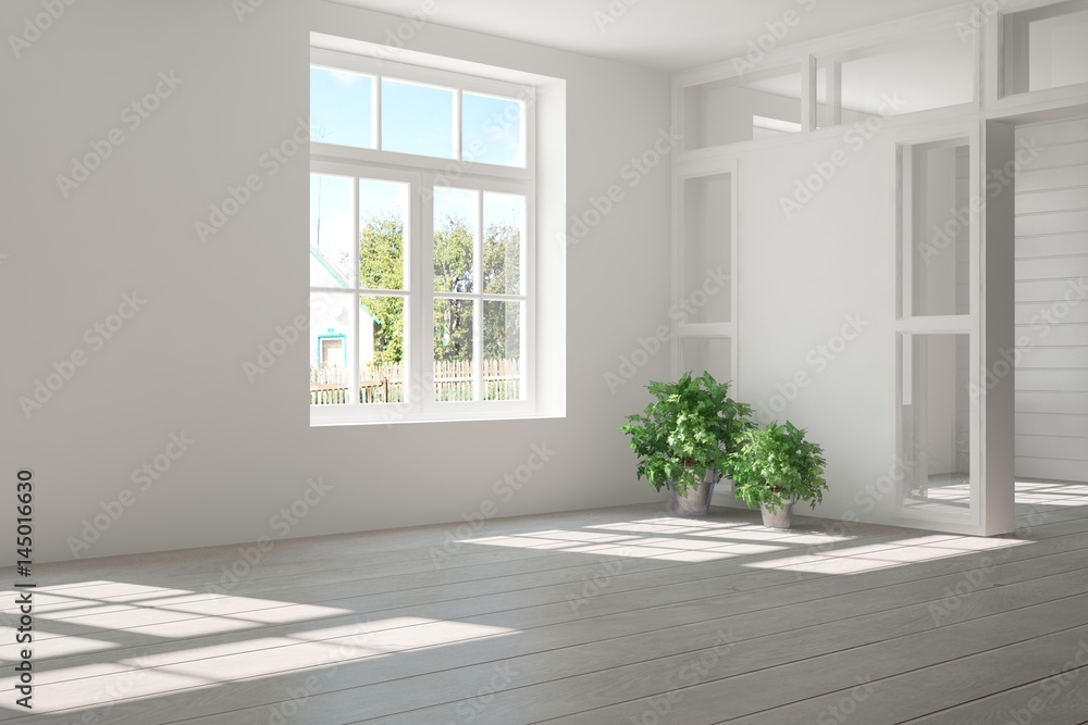 Fototapeta premium White empty room with green landscape in window. Scandinavian interior design. 3D illustration