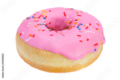 Pink donut closeup on white