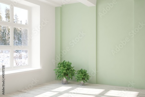 White empty room with winter landscape in window. Scandinavian interior design. 3D illustration