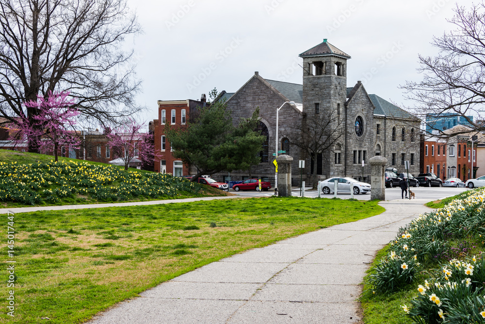 Saint elizabeth catholic church from patterson park in baltimore, maryland
