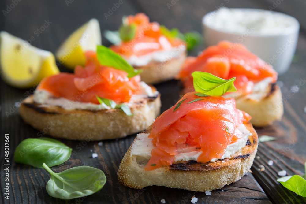 Bruschetta with cream cheese and smoked salmon Bruschetta with cream cheese and smoked salmon