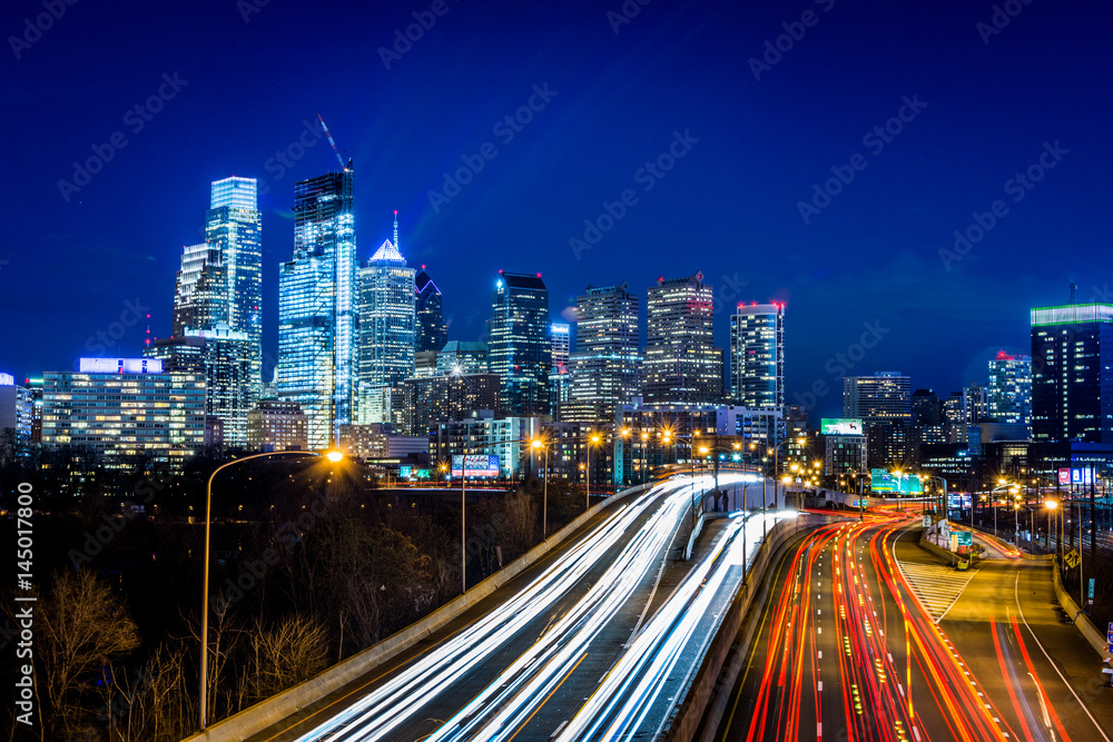 skyline at night of philadelphia pennsylvania from above schulykill expressway