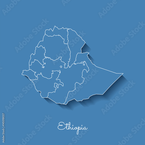 Ethiopia region map: blue with white outline and shadow on blue background. Detailed map of Ethiopia regions. Vector illustration.